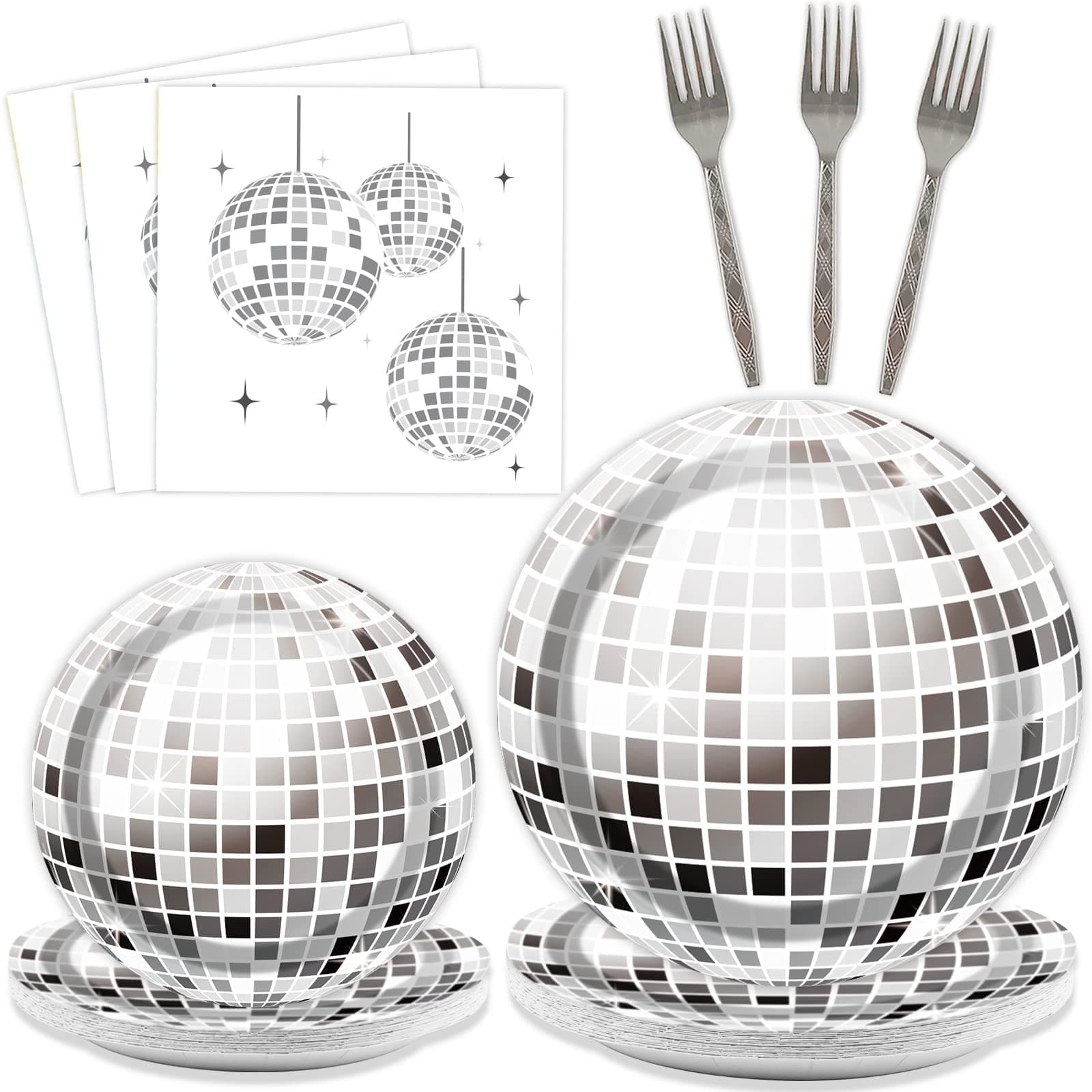 – SYOSI 70s Disco Party Tableware Set, 80 Pcs - Disco Ball Party Paper Plates, Cocktail Napkins & Forks for 80s 90s Dance Wedding Picnic (Silver)