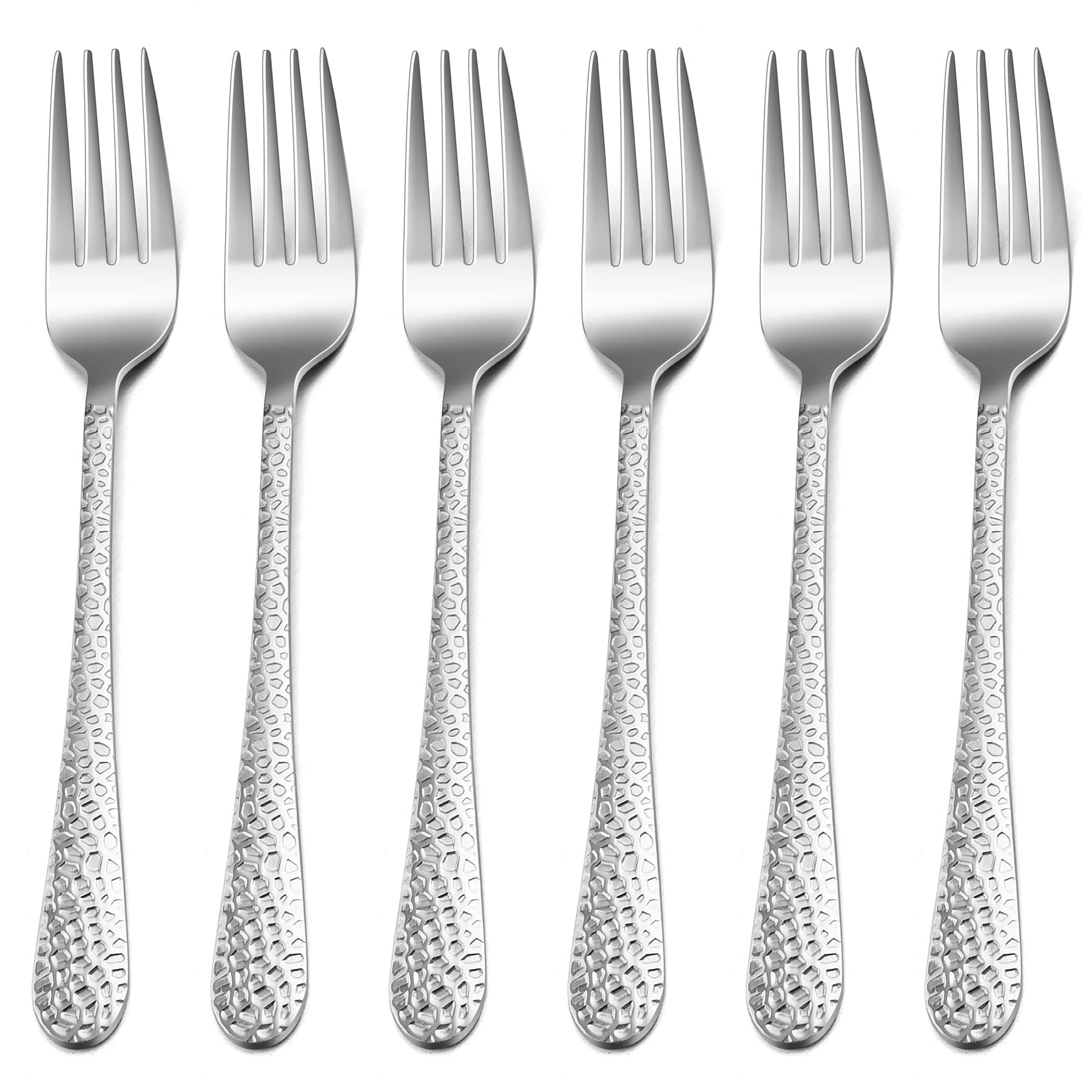 HaWare 6 Piece Large Stainless Steel Dinner Table Forks with Hammered Handle for Home, Kitchen, Restaurant, Mirror Polished & Dishwasher Safe, 20cm