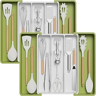 Lifewit Utensil Organizer for Kitchen Drawers, Expandable Cooking Utensil Tray, Adjustable Cutlery Silverware Flatware Holder, Plastic Kitchen Tools and Gadgets Storage Divider, 2 Pack, Green&White
