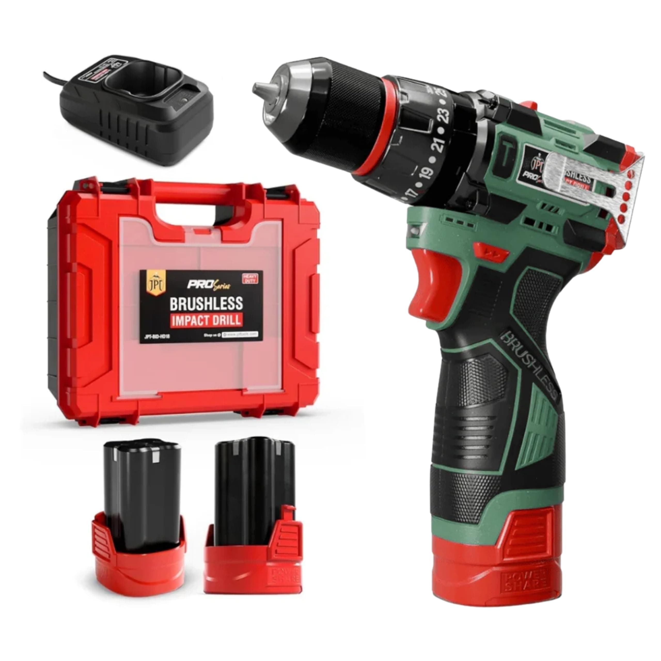 JPT Pro Series 18V Brushless Cordless Impact Drill with 2 Lithium-ion Batteries & Charger, 10MM Keyless Metal Chuck, 2-Speed, 25+3 Torque Settings, 70NM High Torque (Green Edition)