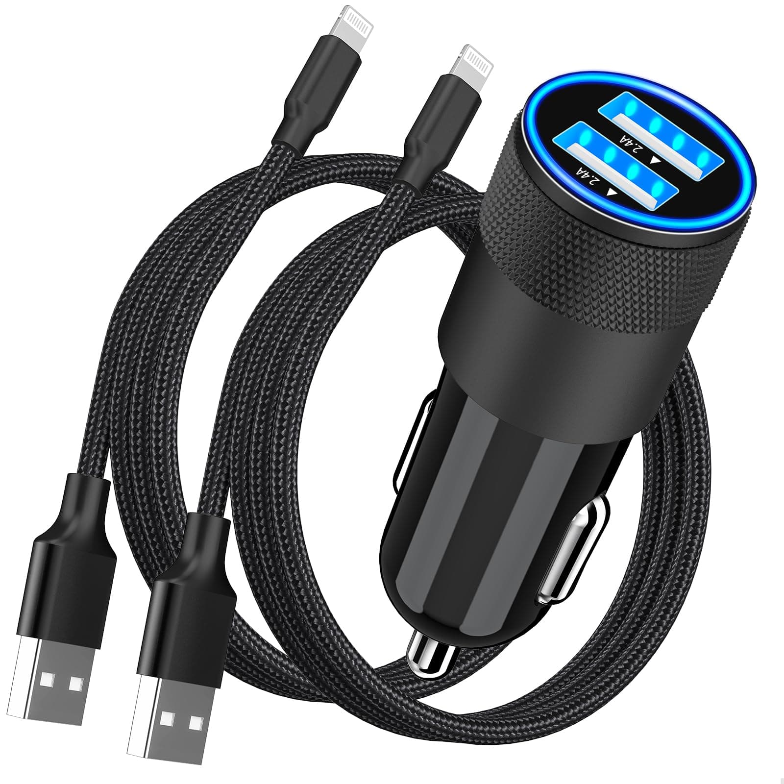 【MFi Certified】iPhone Car Charger Fast Charging, Rombica 4.8A Dual USB Smart Power Cigarette Lighter USB Car Charger with 2Pack Lightning Braided Cable for iPhone 14 13 12 11 Pro XS Mini XR X SE iPad