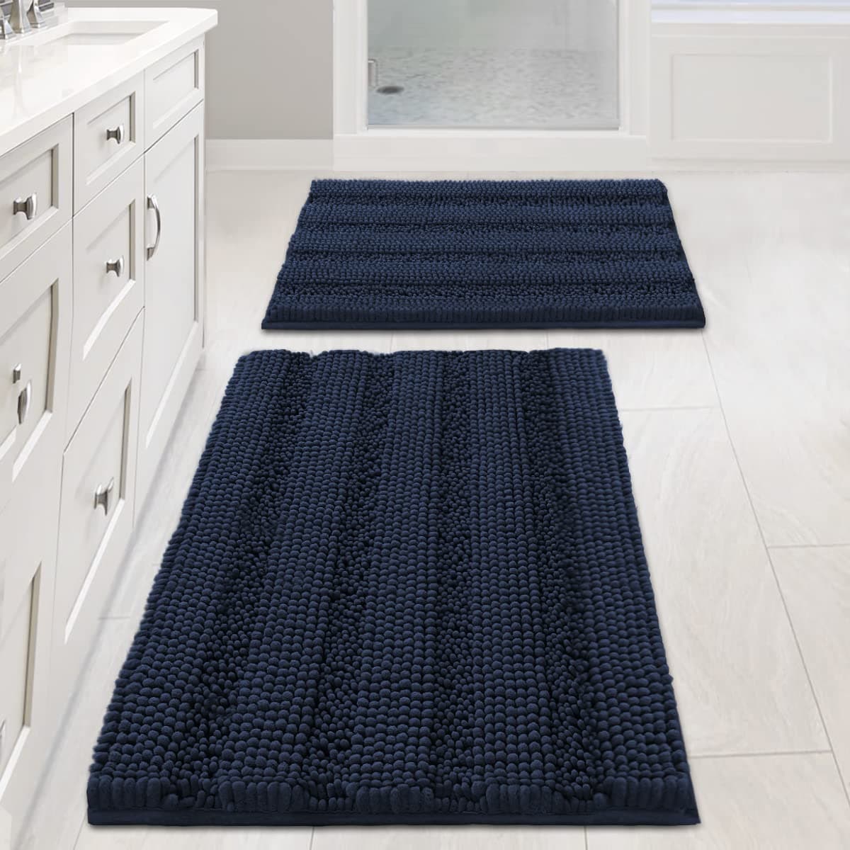 H.VERSAILTEX Navy Blue Bathroom Rugs 2 Piece, Bath Mat Set Slip-Resistant Extra Absorbent Soft and Fluffy Striped Chenille Bath Rugs, Floor Mats Dry Fast Machine Washable (20" x 32"/17" x 24")