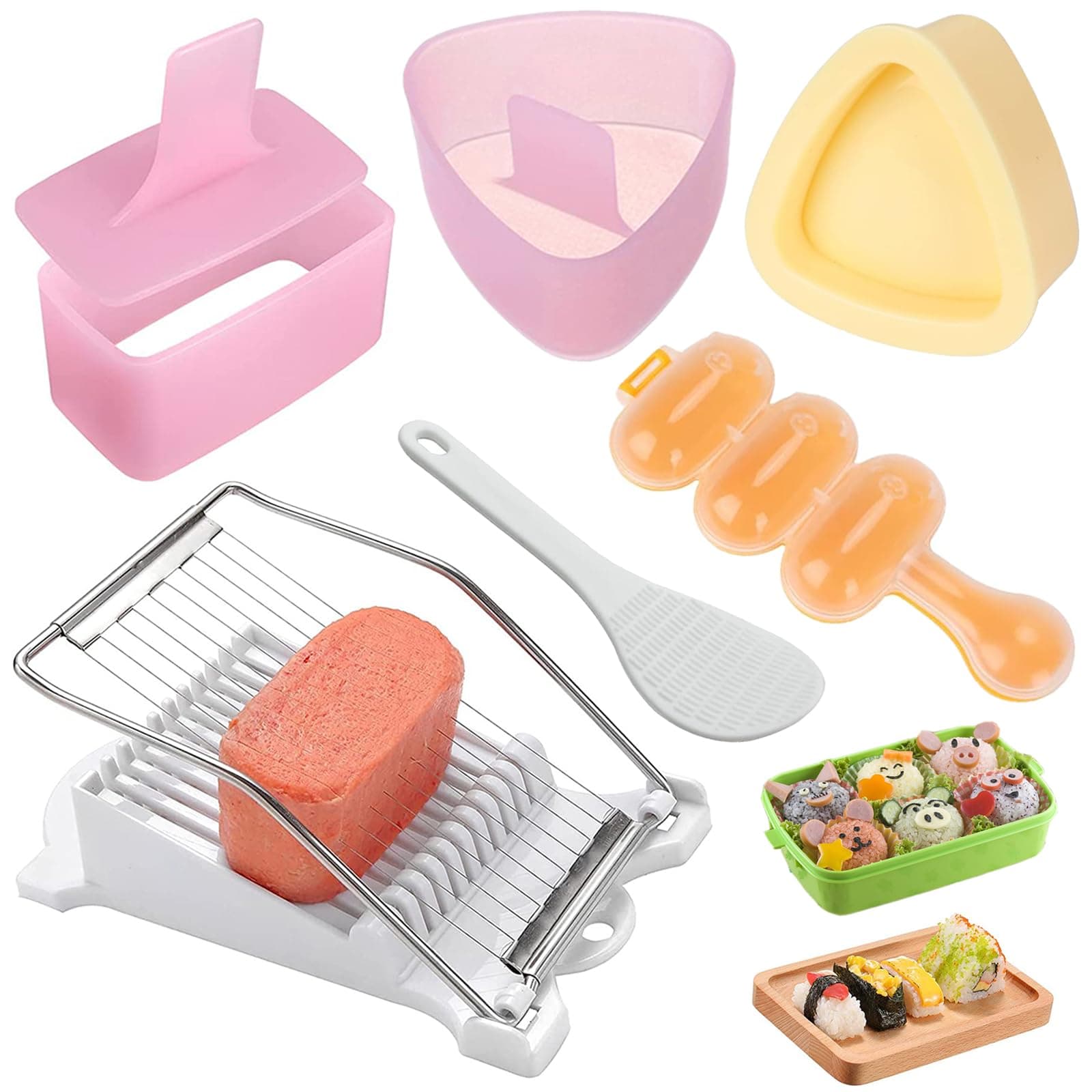 6 Pcs/Set Spam Musubi Maker Press (Non Stick) with Luncheon Meat Slicer Kit, Sushi Shake Rice Ball Mold, Onigiri Mold, Sushi Making Tool, Egg Slicer, Hot Dog Cutter for Kitchen