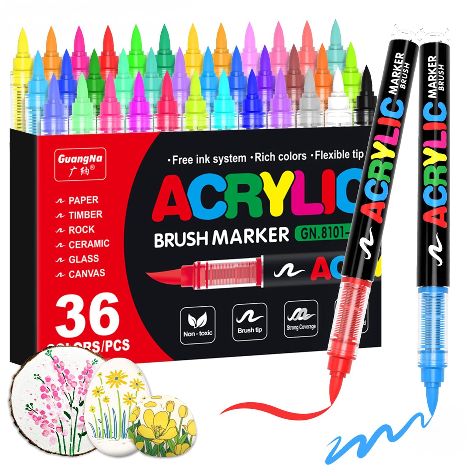 Guangna Acrylic Paint Markers,36 Colors with Direct-Liquid Ink Control System, Professional-Grade Paint Pen for Rock Painting, Canvas, Glass, Plastic, Fabric & Creative Crafts