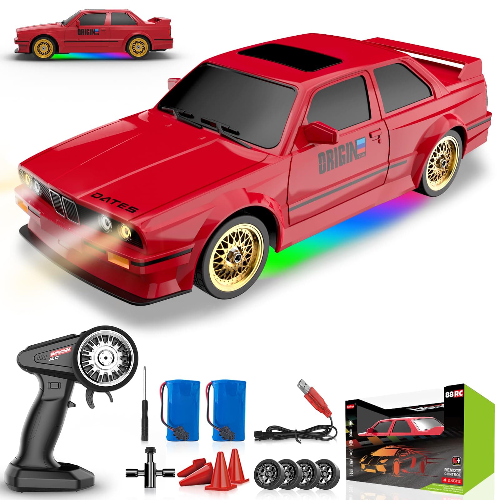 Remote Control Cars 1:16 Scale RC Drift Car 2.4Ghz 30KM/H High Speed 4WD RTR Racing Car with Drift Tires LED Lights 2PCS Rechargeable Batteries RC Sport Cars Toys for Adults Kids Gift,Red