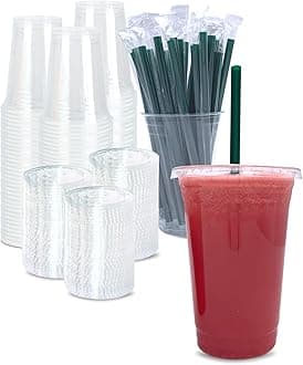 [100 SETS] 20 oz Clear Plastic Cups with Lids and STRAWS, Disposable Iced Coffee cups with Lids, Clear Cups with Lids for Cold Drinks, Iced Tea, Milkshakes, Smoothies