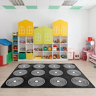 Kids Rug, Classroom Carpets Playmat Rugs - 5x7 Ft Kids Carpet with Rubber Backing, Circle Bullseye Abstract Children's Seating Rug Play Mat Nursery Rugs for Children Bedroom Playroom Elementary, Black