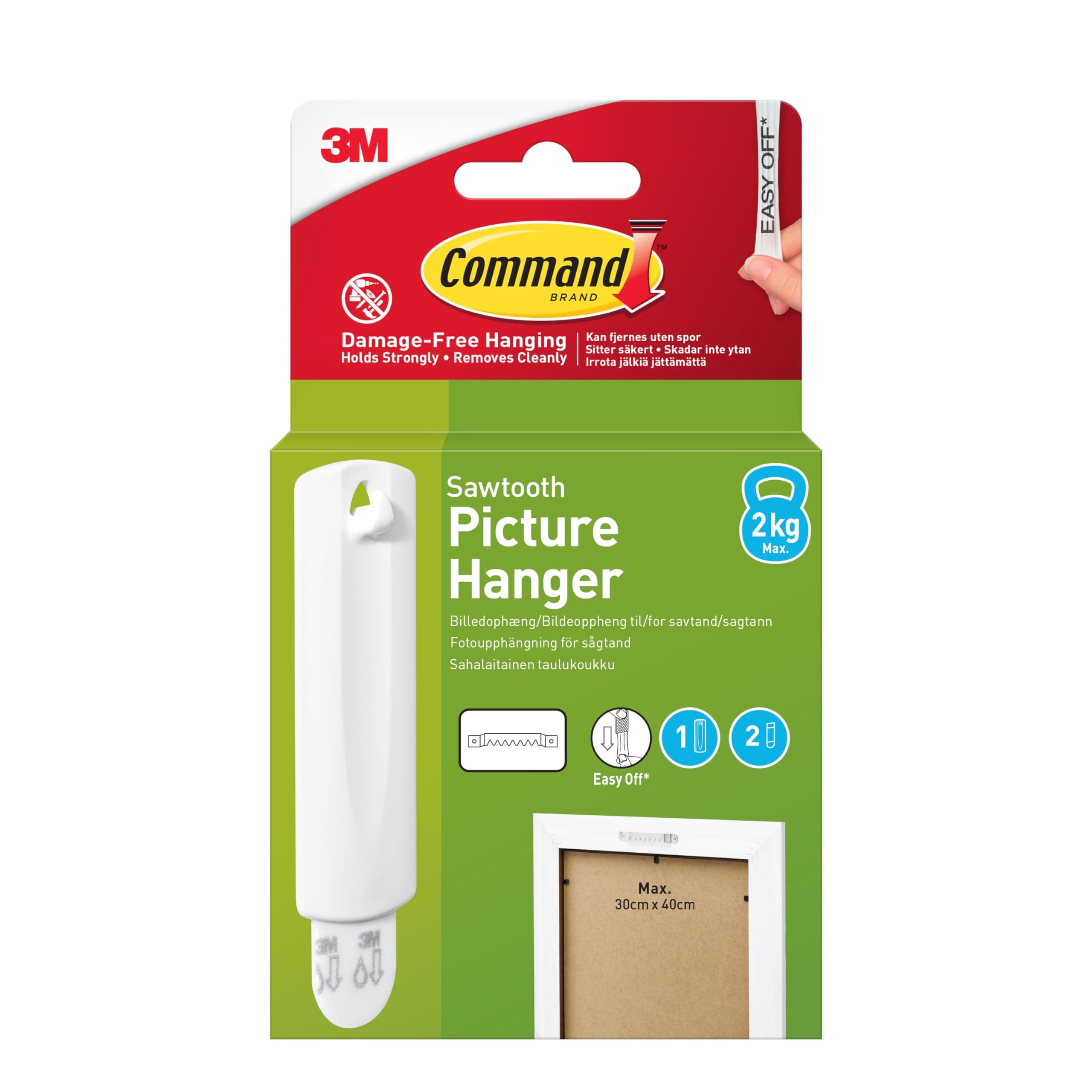 3M Command Sawtooth Picture Hanger, Holds 1.8 kg, No Paint Damage, Holds Strongly, Reusable, Adhesive hooks for wall, Multi-surface (White, 1 hook, 2 strips)