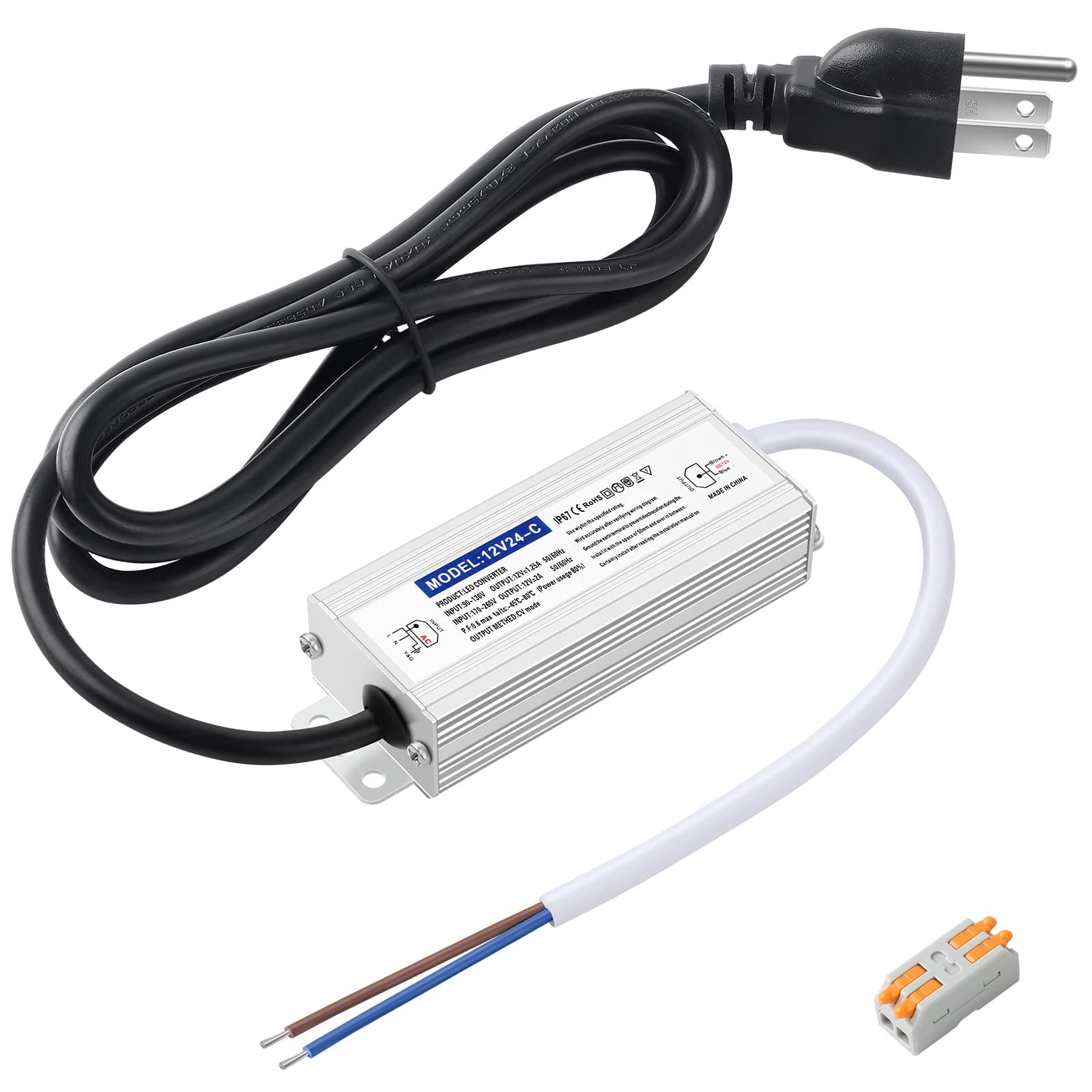 LED Driver 24 Watts Waterproof IP67, 12V DC Power Supply 2A,120V AC to 12V DC Converter, with 3-Prong Plug and 4.9 Feet Cable - Ideal Power Supply for LED Strips and Lights