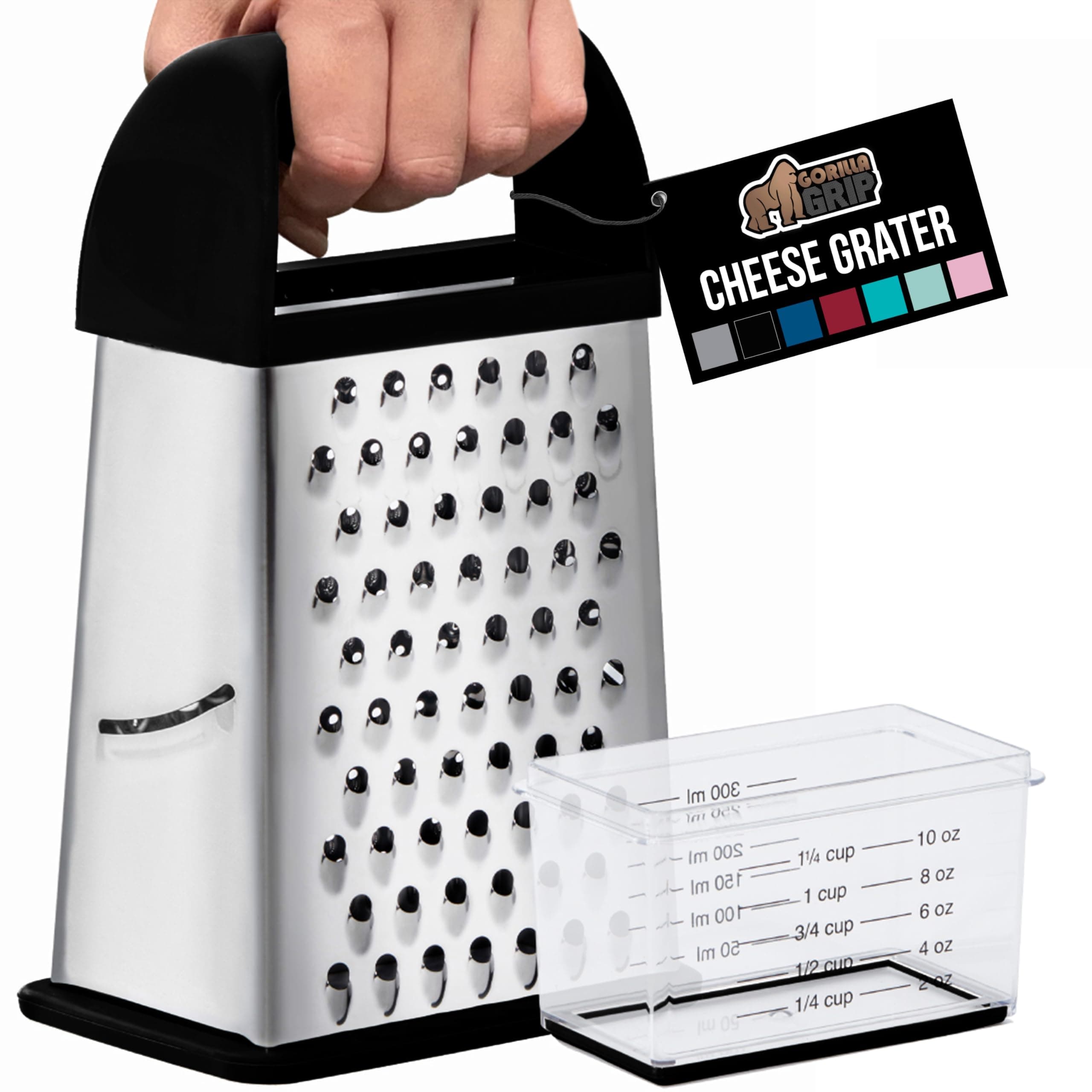 GORILLA GRIP 4-Sided Stainless Steel Cheese Grater With Container, 100% BPA-Free Box Grater, Slip Resistant Base and Handle, Grate Parmesan, Hard Cheeses, Shred Vegetables, Dishwasher Safe, Black