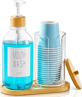VITVITI Mouthwash Dispenser for Bathroom, Mouth Wash Pump Bottle with Paper Cup Holder, 17Oz Refillable Clear Mouthwash Container with Bamboo Lid/Tray/Label