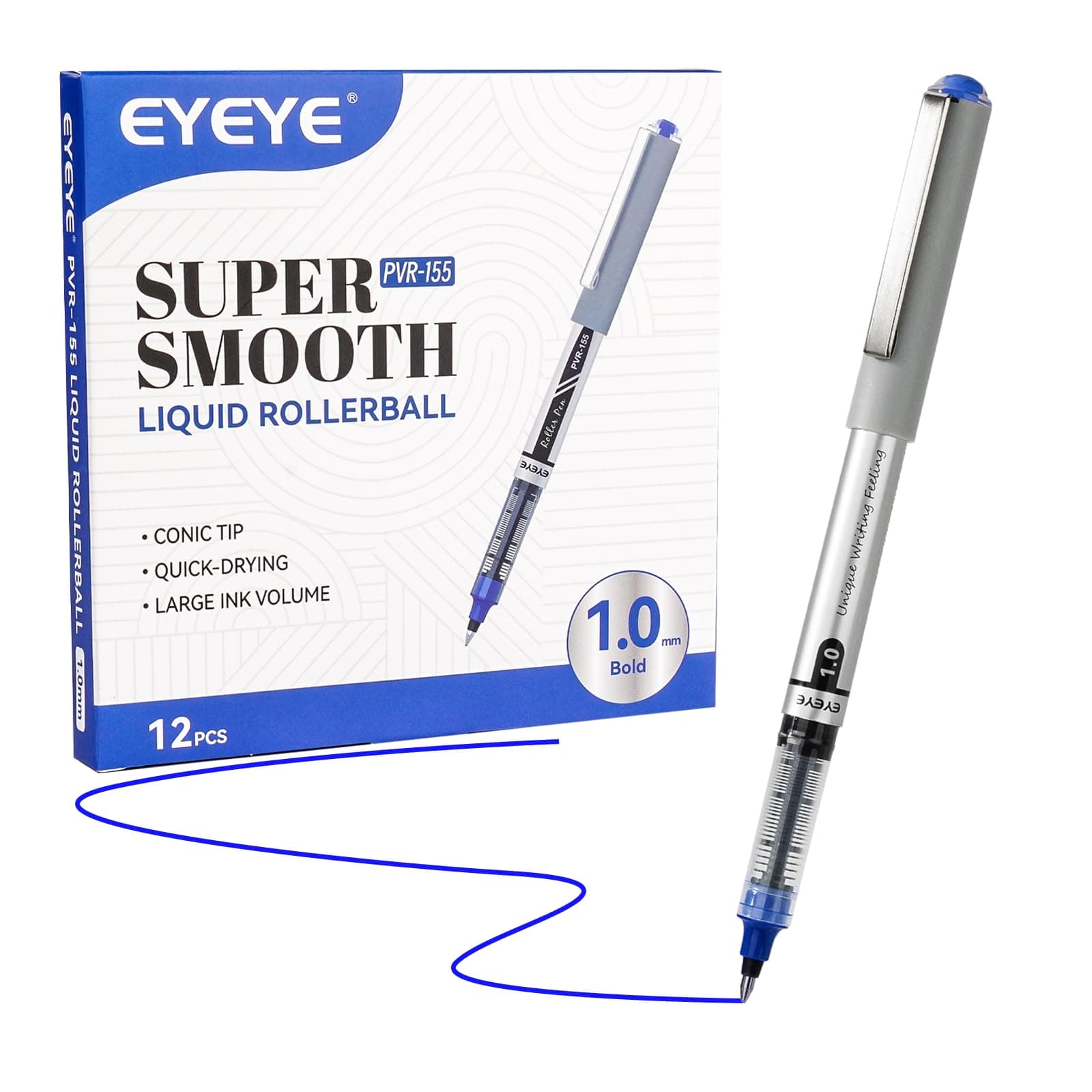 EYEYE Liquid Ink Rollerball Pens 1.0mm Blue, 12 Pack Bold Point Roller Ball Pen Quick Dry, Blue Ink Pens Fine Point Smooth Writing Pen for Journaling, Note Taking, Office, School Supplies