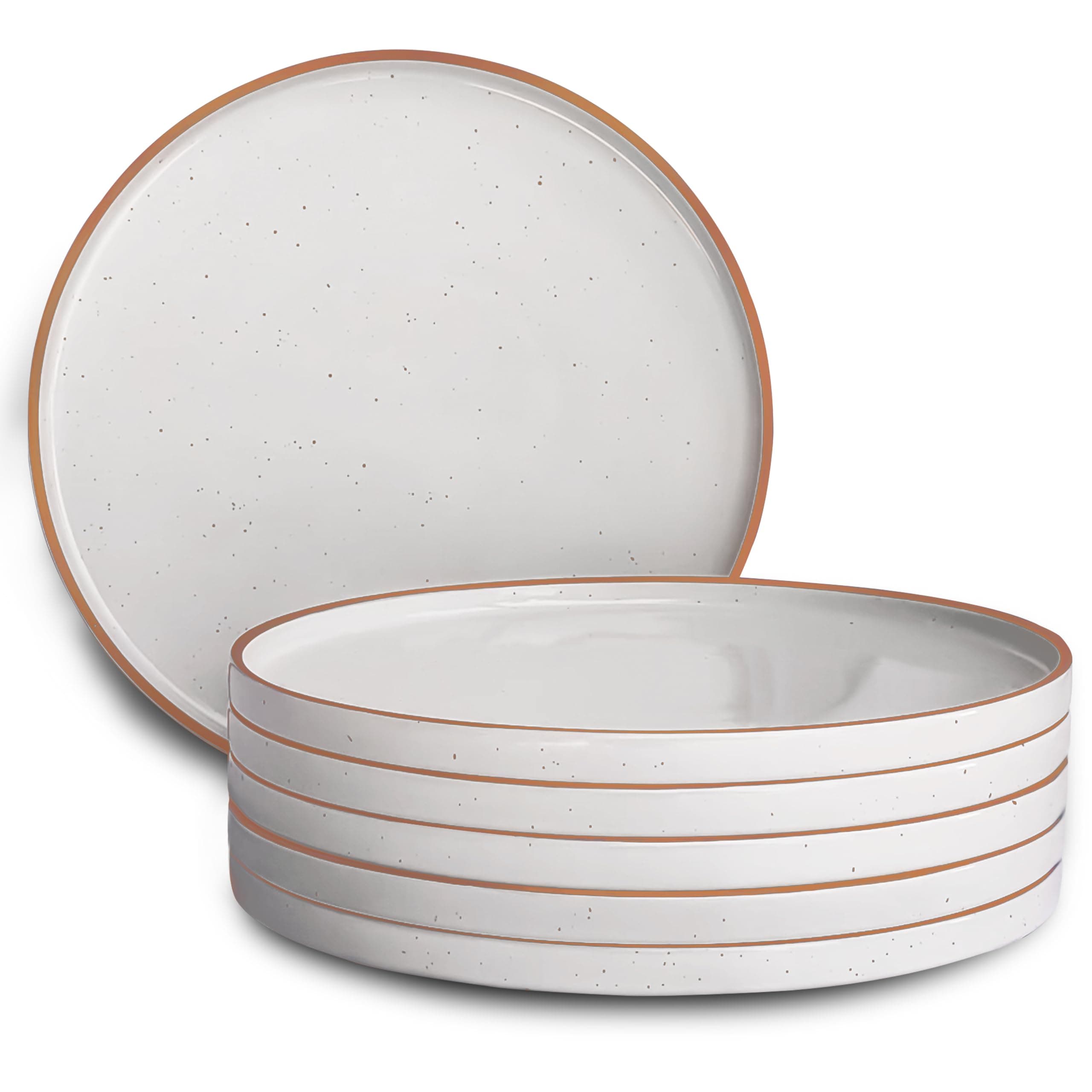 Ceramic Flat Dinner Plates Set of 6, 10.5 in High Edge Dish Set - Microwave, Oven, and Dishwasher Safe, Scratch Resistant, Modern Dinnerware- Kitchen Porcelain Serving Dishes - Vanilla White