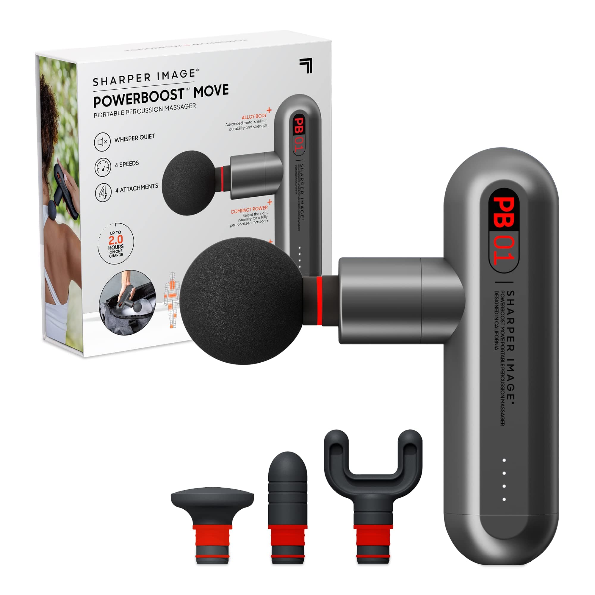 Sharper Image Deep Tissue Portable Percussion Massage Gun, Powerboost Move Full Body Back and Neck Muscle Massager with 4 Attachments - Handheld Rechargeable Electric Massage Gun for Athletes