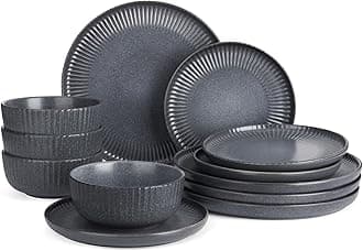 Famiware Starlight Plates and Bowls Dishes Set of 4 (12 Pieces), Ribbed Textured Stoneware Dinnerware Sets- Dishwasher & Microwave Safe, Chip Resistant, Matte Midnight Grey
