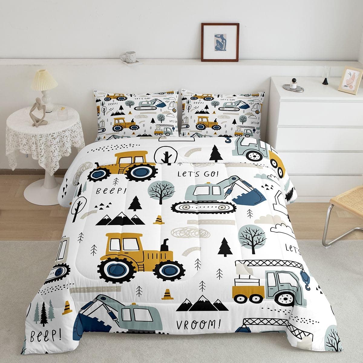 Feelyou Cartoon Car Kids Comforter Set Construction Bedding Set for Boys Toddler Decor Equipment Trucks Comforter Cartoon Car Excavator Tractor White Yellow Duvet Set Bedroom Quilt Set 3Pcs Full