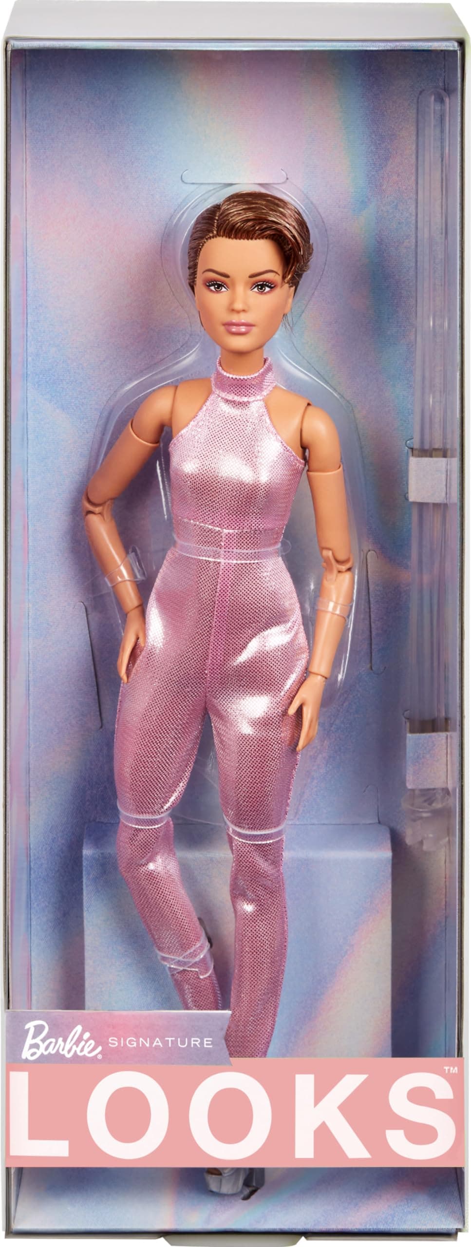 Barbie Looks Doll, Collectible No. 22 with Pixie Cut and Modern Y2K Fashion, Sequined Pink Halter Jumpsuit with Silver Heels, HRM14