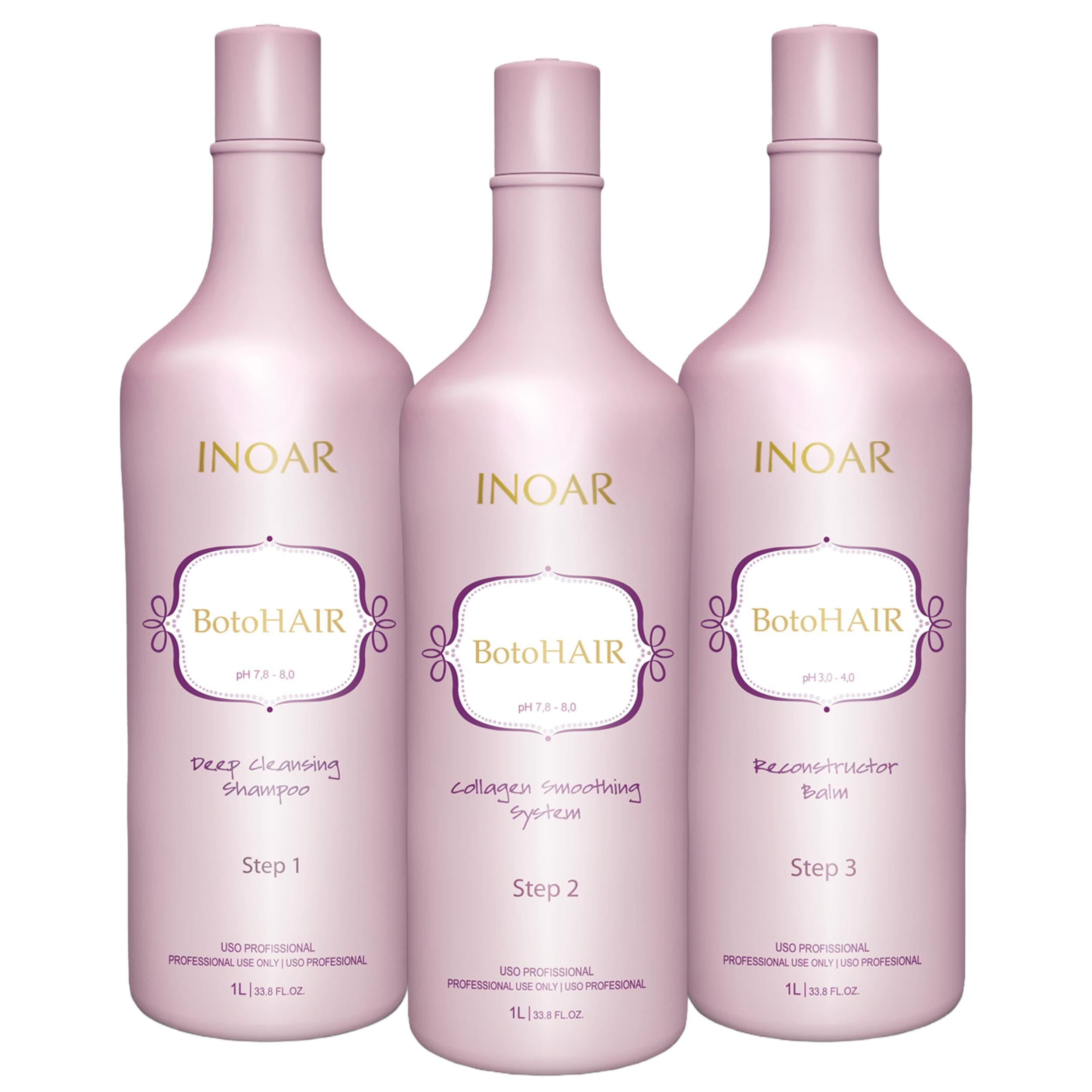 Inoar BotoHair Collagen Smoothing System with Keratin, Deep Cleansing Shampoo, Collagen Smoothing System & Reconstructor Balm, 33.8 fl oz Each