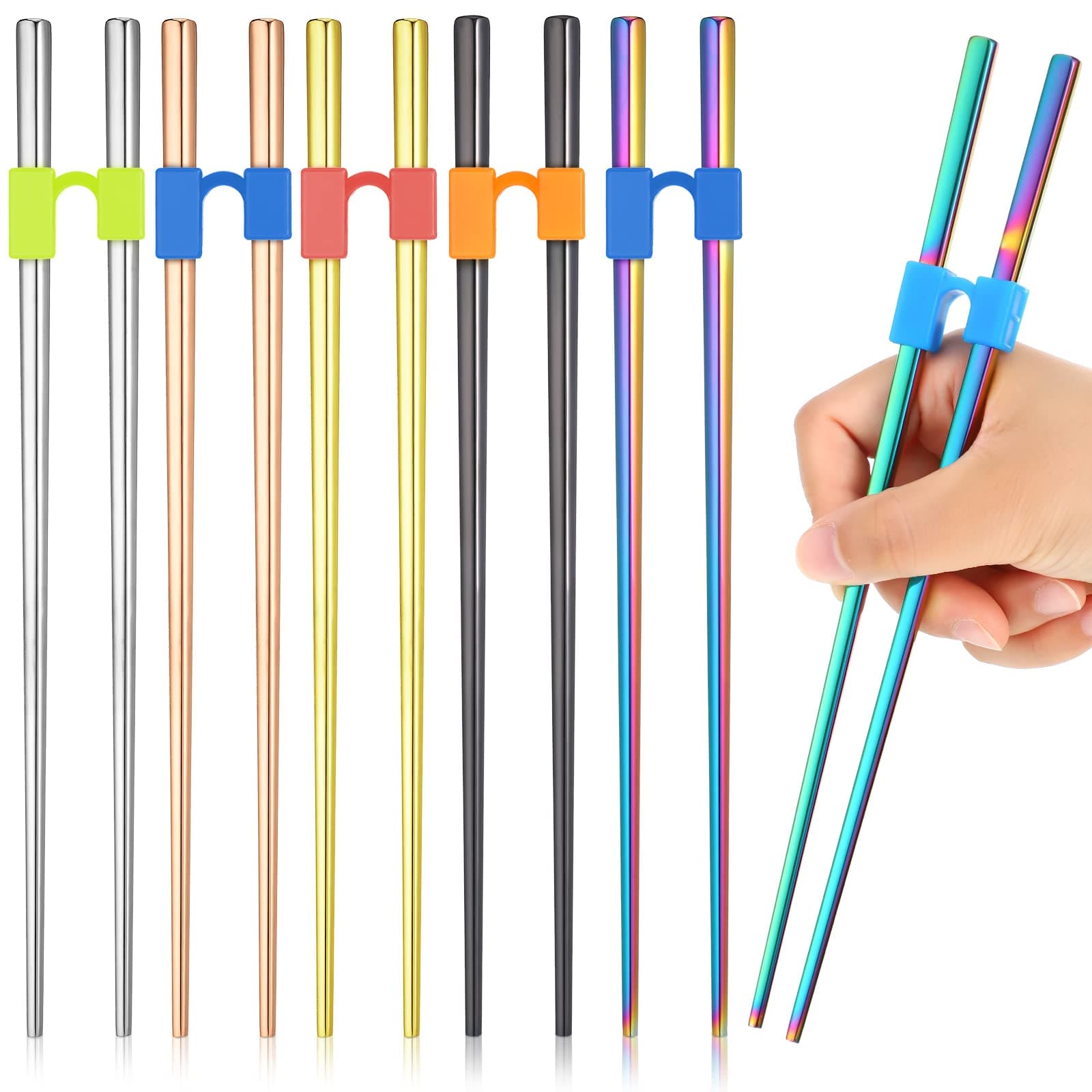 Tessco for you 5 Pairs Training Chopstick Helpers Reusable Chopsticks for Beginner Non Slippery Replaceable Practice Heat Resistant Holder with Clip for Trainer(Stainless Steel,Bright Colors)