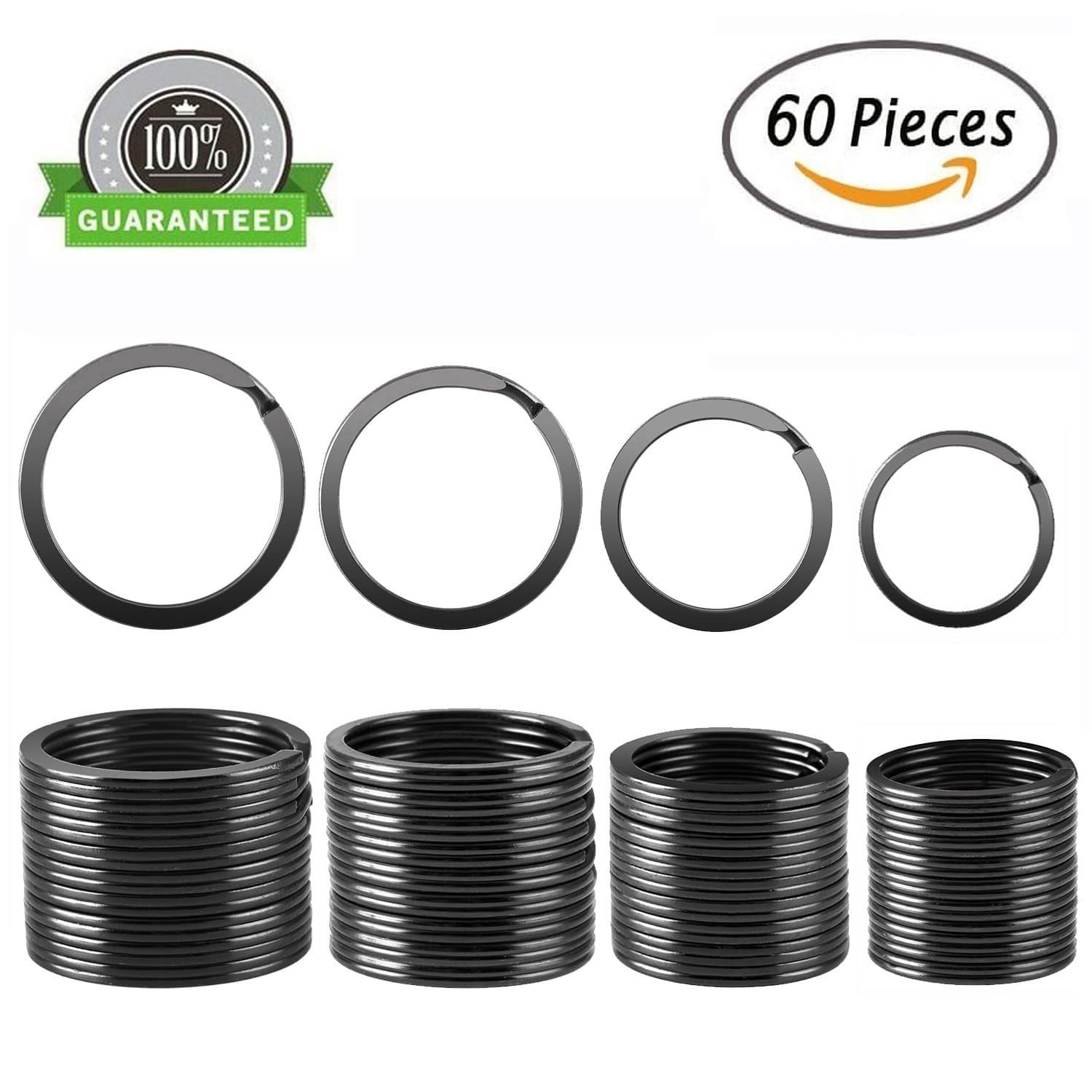 IDOIT 60 Pieces Round Flat Key Chain Rings Metal Split Key Rings for Home Car Keys Organization, 0.8 Inch, 1 Inch, 1.1 Inch and 1.2 Inch, Black