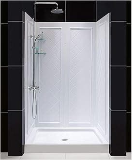 DreamLine 34 in. D x 48 in. W x 76 3/4 in. H Center Drain Acrylic Shower Base and QWALL-5 Backwall Kit In White, DL-6071C-01