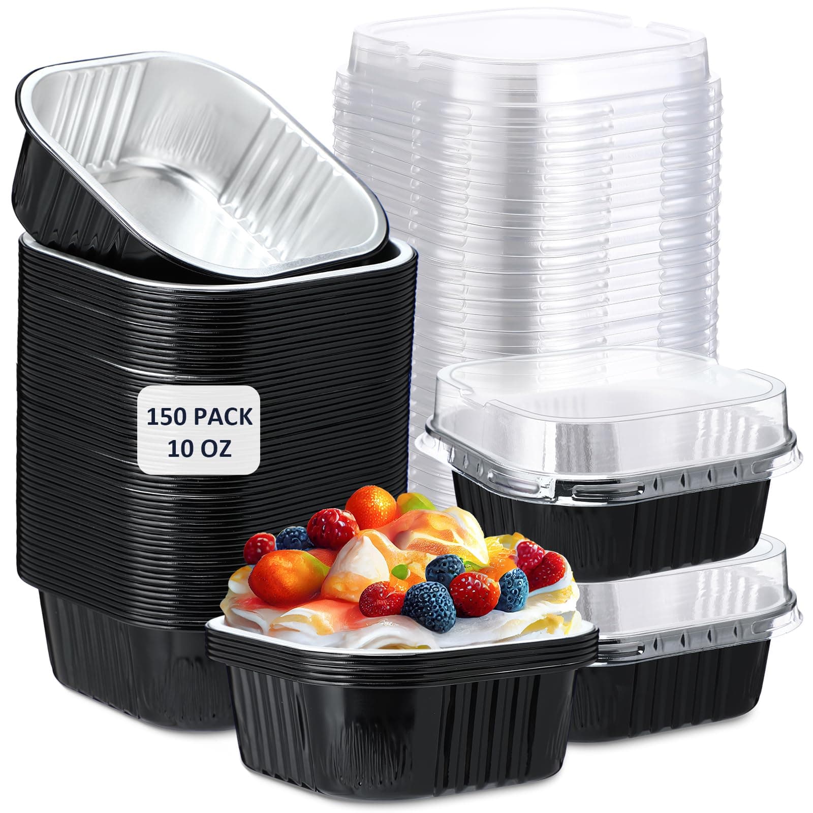 Aoriher 150 Pieces 10 oz Mini Cake Pans with Lids Aluminum Foil Baking Cups Square Disposable 4" x 4" Large Cupcake Cups Baking Tins for Kitchen Brownie Pudding Desserts Holders(Black)