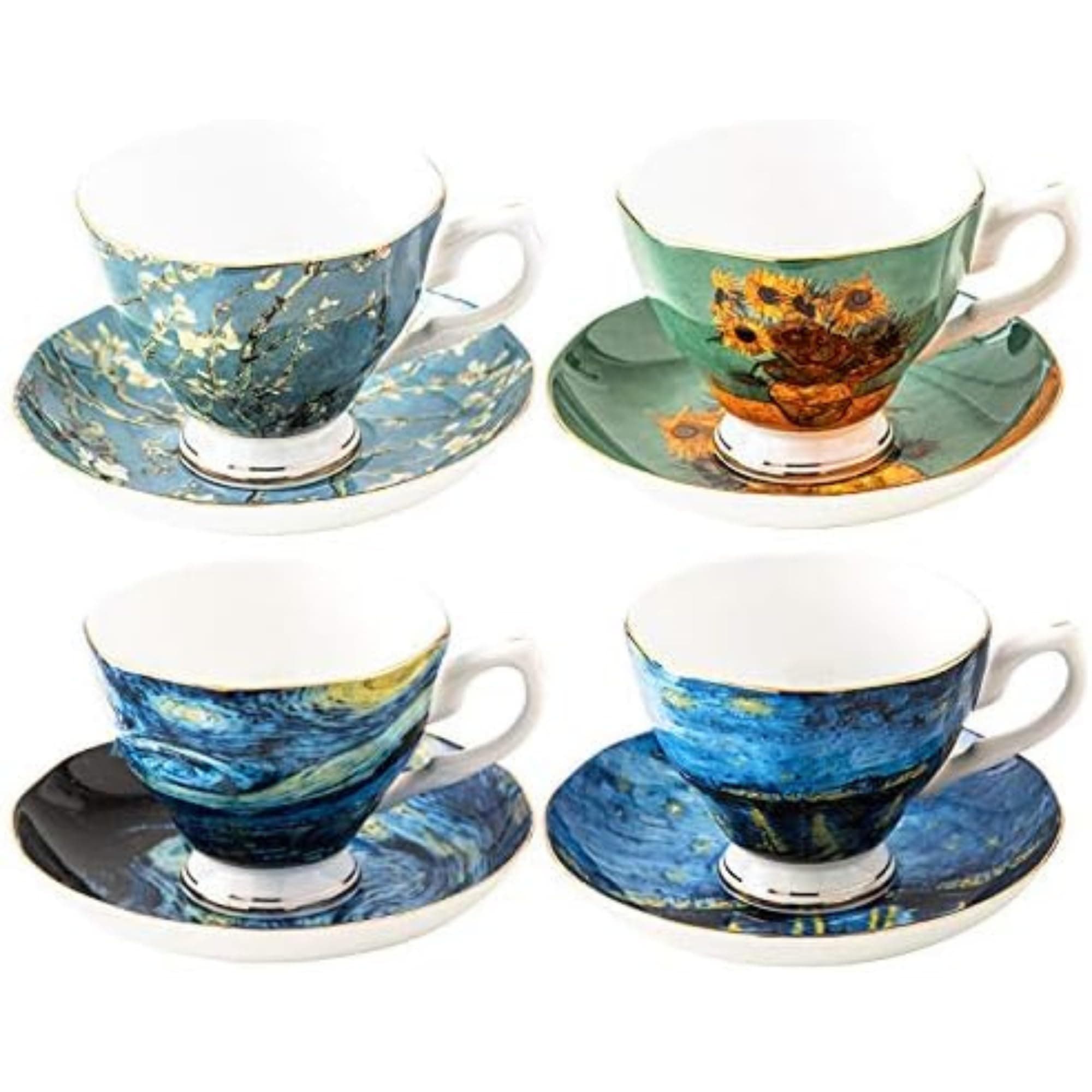 Van Gogh Tea Set, 4 Bone China Mugs, 8oz, Gold-Lined Handles, Elegant Mug Set, Perfect for Gifting, Great for Tea Lovers, Stylish Design, For Home, Office, Special Occasions, Vincet Van Gogh Gifts
