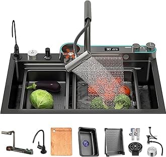 Kitchen Sink Black Stainless Steel Waterfall Kitchen Sink Multifunctional Digital Display Sink with New Dual Mode Faucet and Multiple Accessories (85x45x22CM)