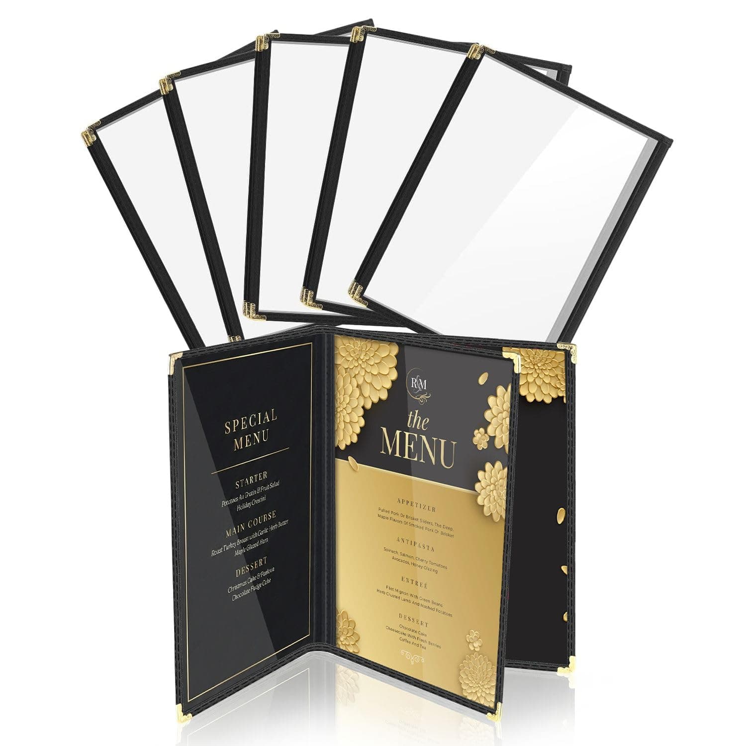 Flexzion Restaurant Menu Covers 8.5 x 11 Inch (6 Pack) - Book Style Bar Menu Holder with 3 Page 6 View - Transparent Clear Menu Book Covers with Gold Metal Corner for Restaurant, Hotel, Cafe