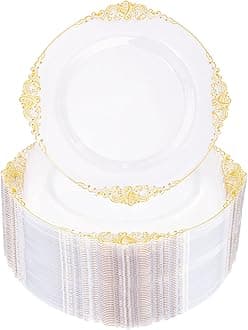 Morejoy 100pcs Gold Plastic Plates - Clear Gold Disposable Plates - 7.5 inch clear and gold dessert plates, Clear Plastic Plates with Gold Rim for Weddings & Parties & Shower