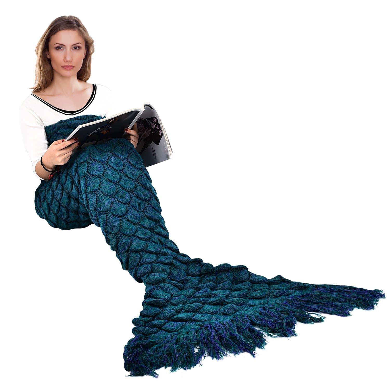 Wearable Mermaid Tail Blanket, Fish-Scales Pattern with Tassel, All Seasons Warm Knitted Bed Blanket Sofa Quilt Living Room Sleeping Bag for Adults, 70.9" x 35.5" (180 x 90cm), Dark Green