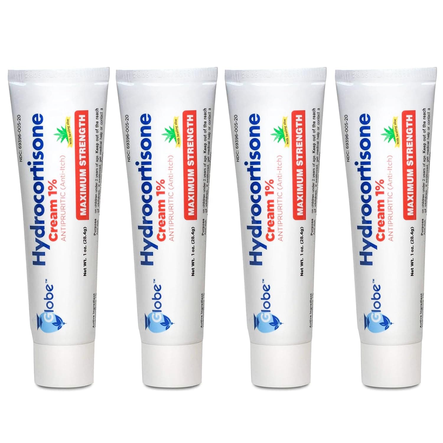Globe (4 Pack) Hydrocortisone Maximum Strength Anti-Itch Cream 1% w/Aloe, Intensive Formula for Redness, Rash, Bug & Mosquito Bites, Eczema, Hemorrhoids, Sensitive Skin, Instant Itch Relief,1 oz Tube