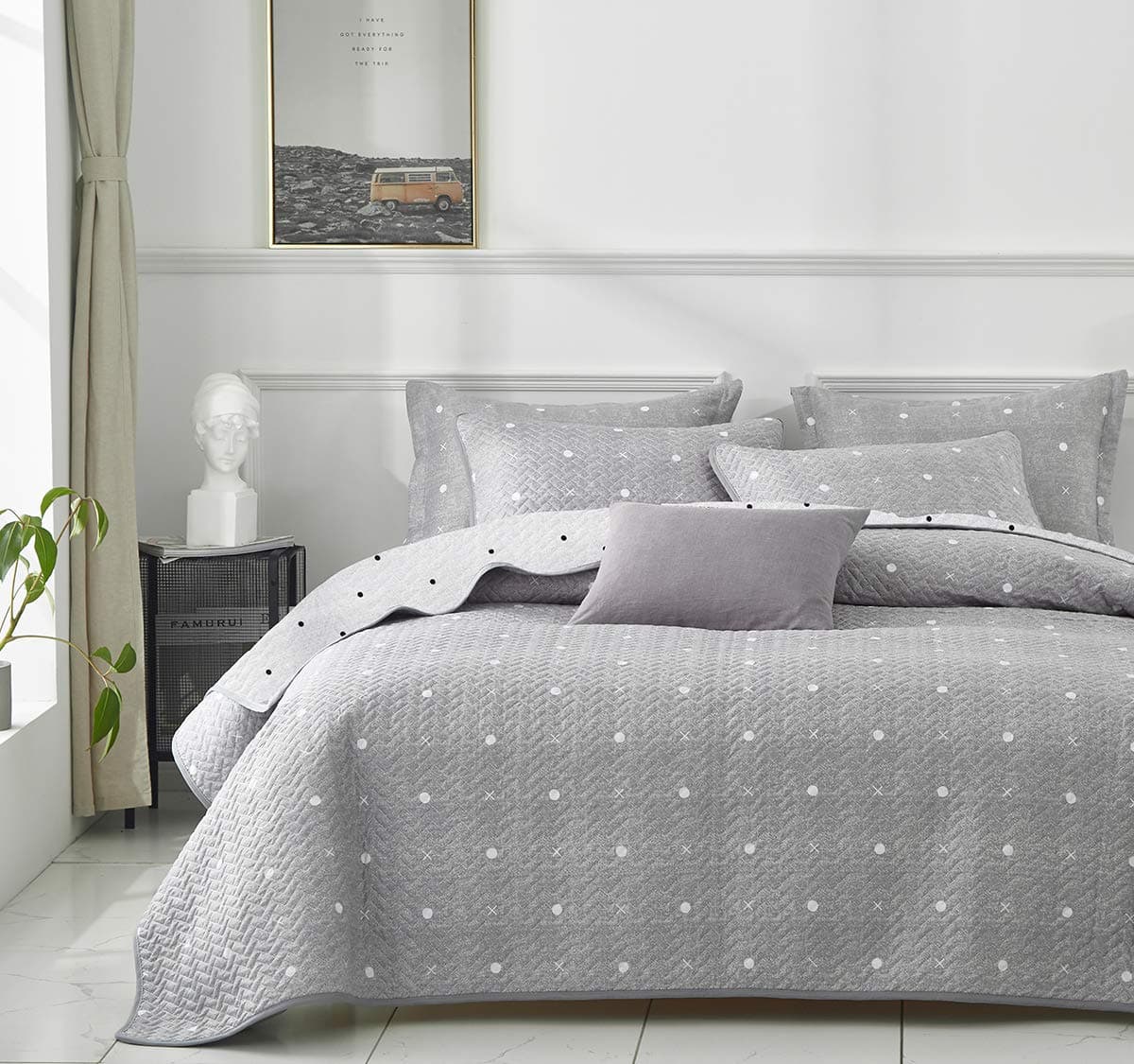 Uozzi Bedding 3 Piece Reversible Gray Dots & Cross Quilt Set Queen Size 90x90 Soft Microfiber Lightweight Coverlet Bedspread Summer Comforter Set Bed Cover Blanket for All Season