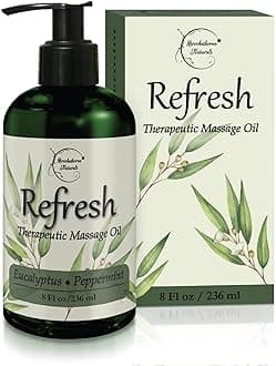 Refresh Massage Oil for Massage Therapy with Eucalyptus & Peppermint Essential Oils - All Natural Sore Muscle Relief. Ideal for Full Body Relaxation – Nut Free Formula 8oz