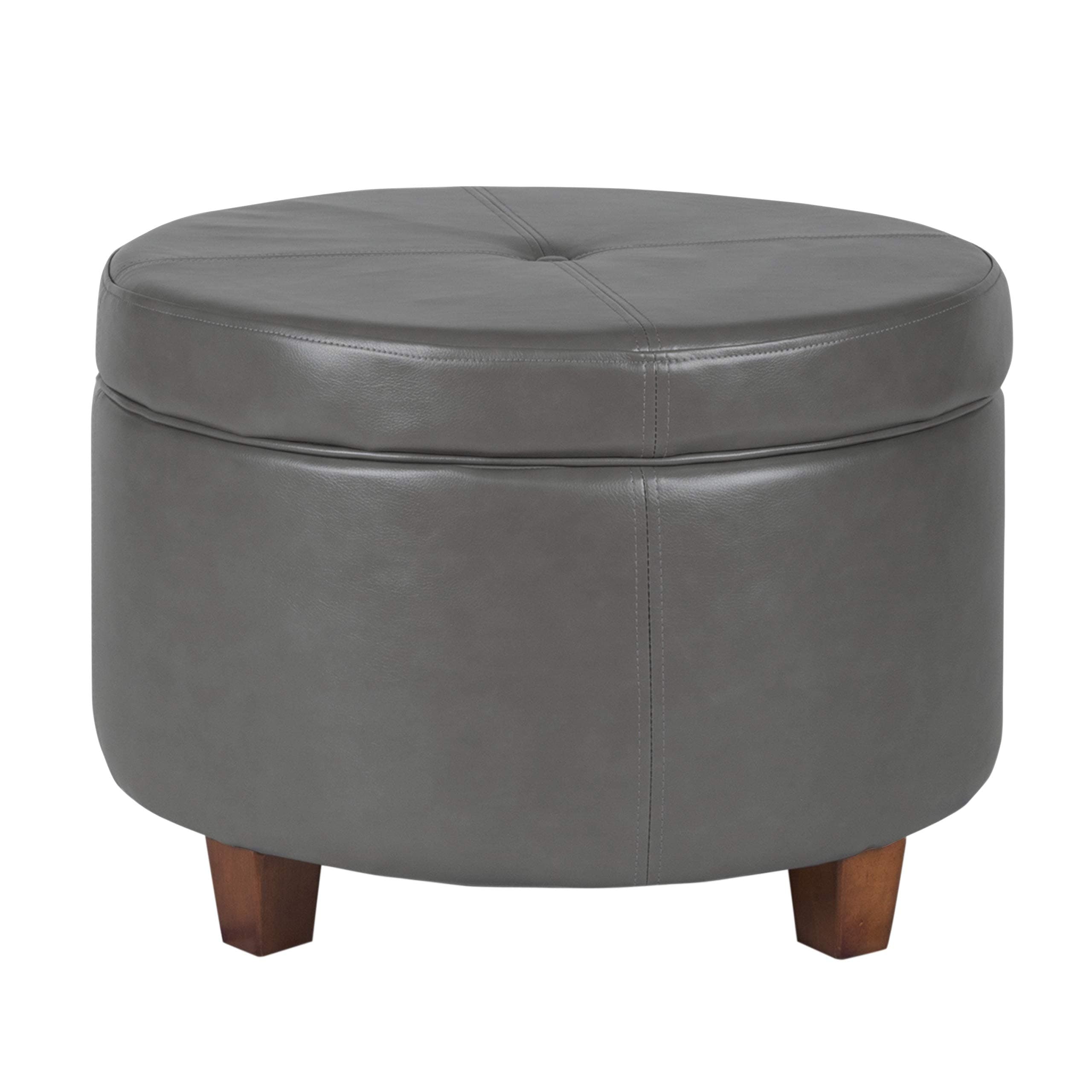 HomePop Round Leatherette Storage Ottoman with Lid, Charcoal Grey Large