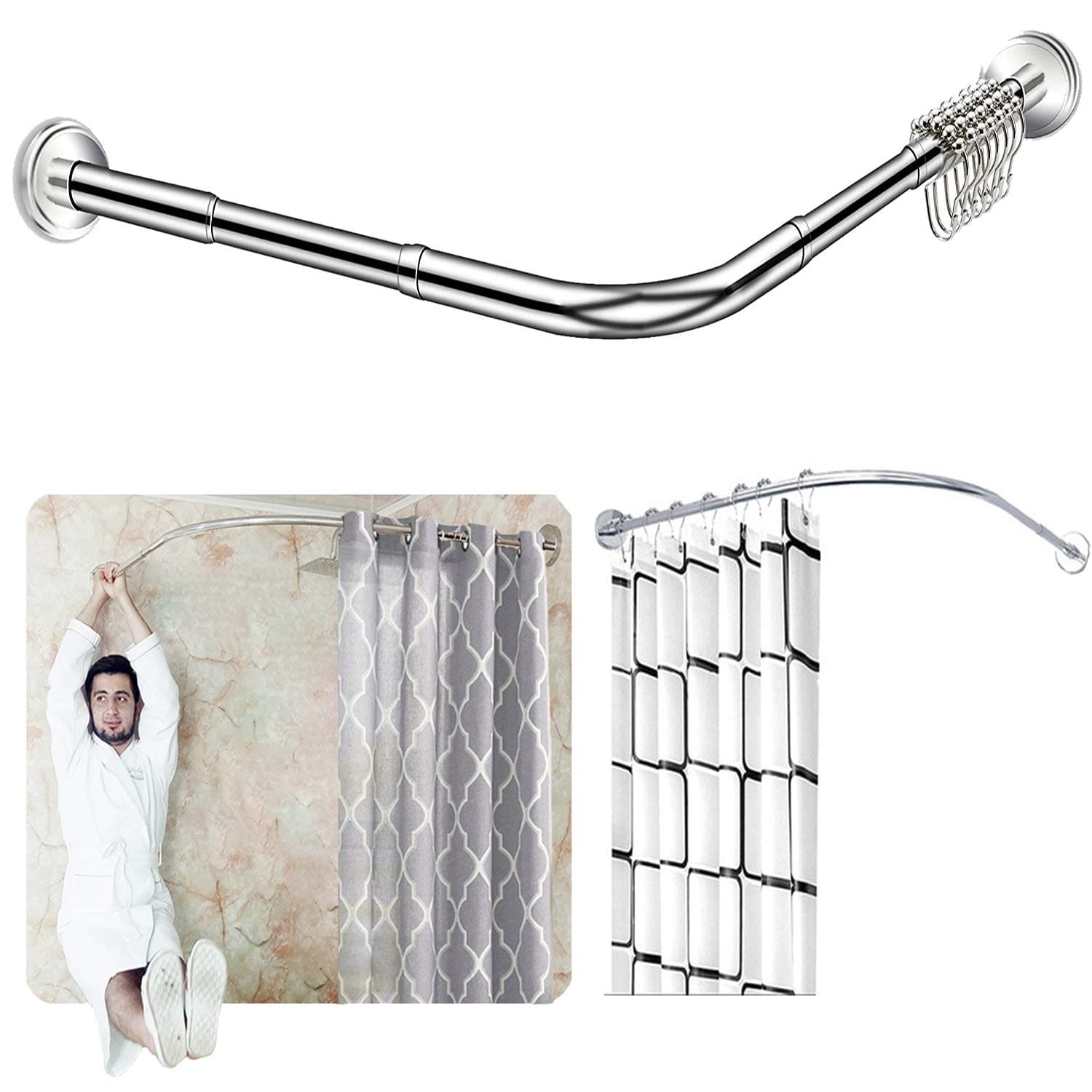 Stretchable Corner Shower Curtain Rod - Drill Free Install 304 Stainless L Shaped 23.6-32" x 23.6-32",for Bathroom, Clothing Store（Free Curtain Hook）