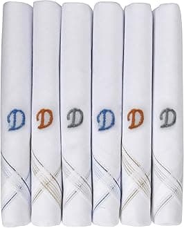 Men's Initial Monogram Embroidery 100% Pure Cotton Handkerchief White Base With Colored Border - Pack Of 6