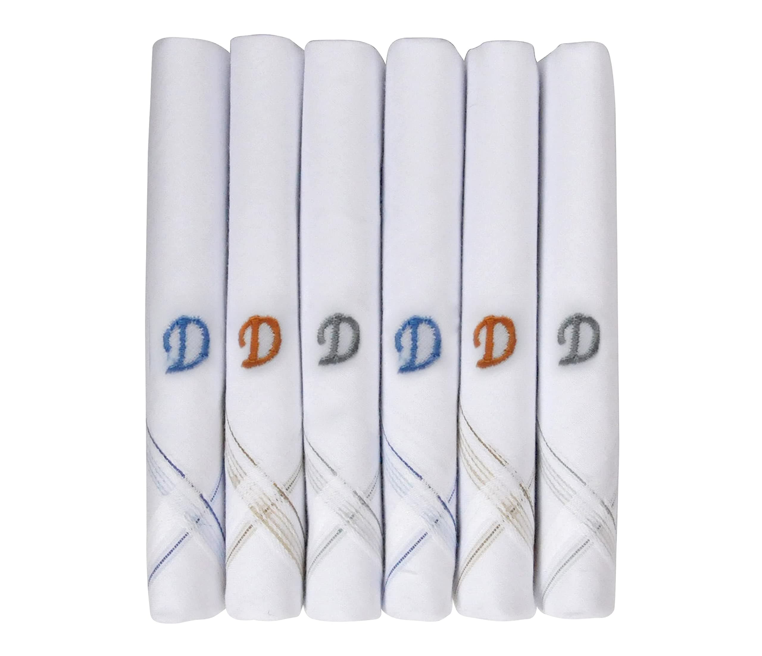 Men's Initial Monogram Embroidery 100% Pure Cotton Handkerchief White Base With Colored Border - Pack Of 6