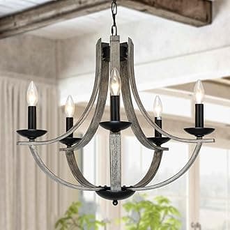Rustic Farmhouse Chandeliers for Dining Room, 5-Light 24 inch Faux Wood Texture Hanging Light Fixture, Candle Style Chandelier for Living Room Kitchen Island Foyer Entryway