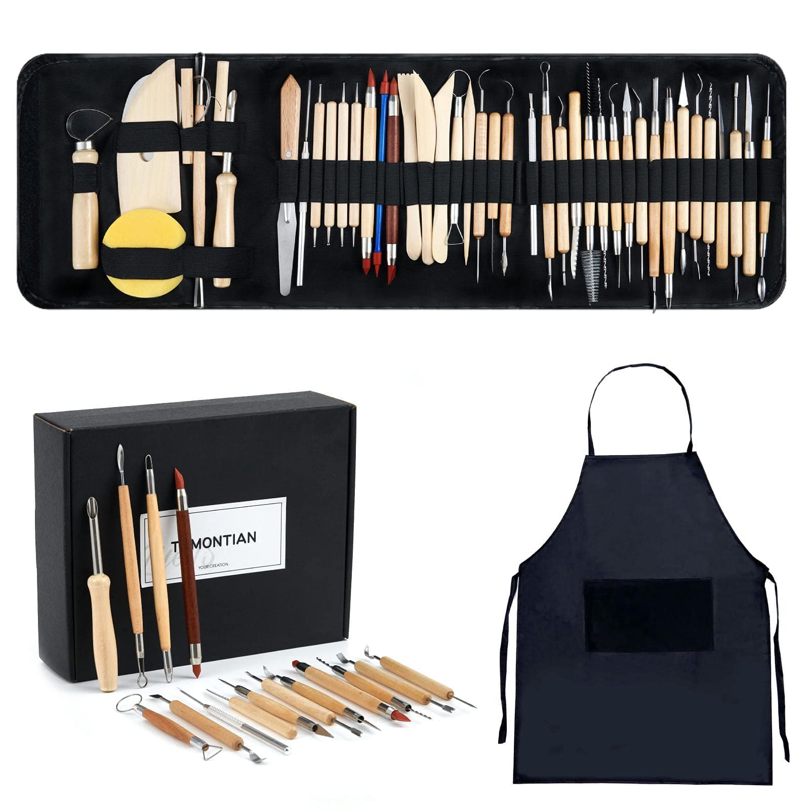TEMONTIAN Pottery Tool Kit，Clay Sculpting Tools,43 Pcs Double Sided Pottery Wheel Tools for Adults，Pottery Carving Tools，Pottery Kiln Tools at Home，Ceramics Tools Set with Carrying Case Bag and Apron