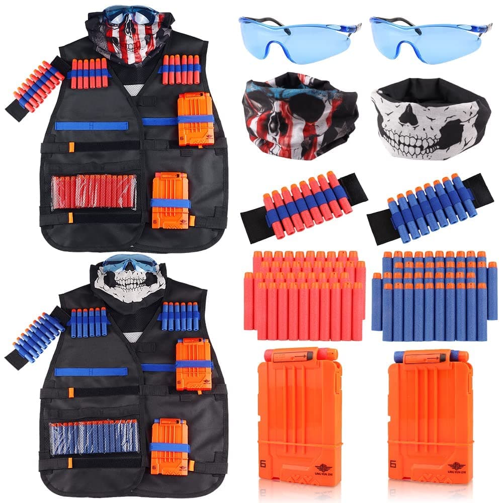 UWANTME Kids Tactical Vest Kit 2 Pack for Nerf Guns Elite Series with Refill Darts Dart Pouch, Reload Clip Tactical Mask Wrist Band,Protective Glasses,Toys for 7 8 9 10 12 Year Old