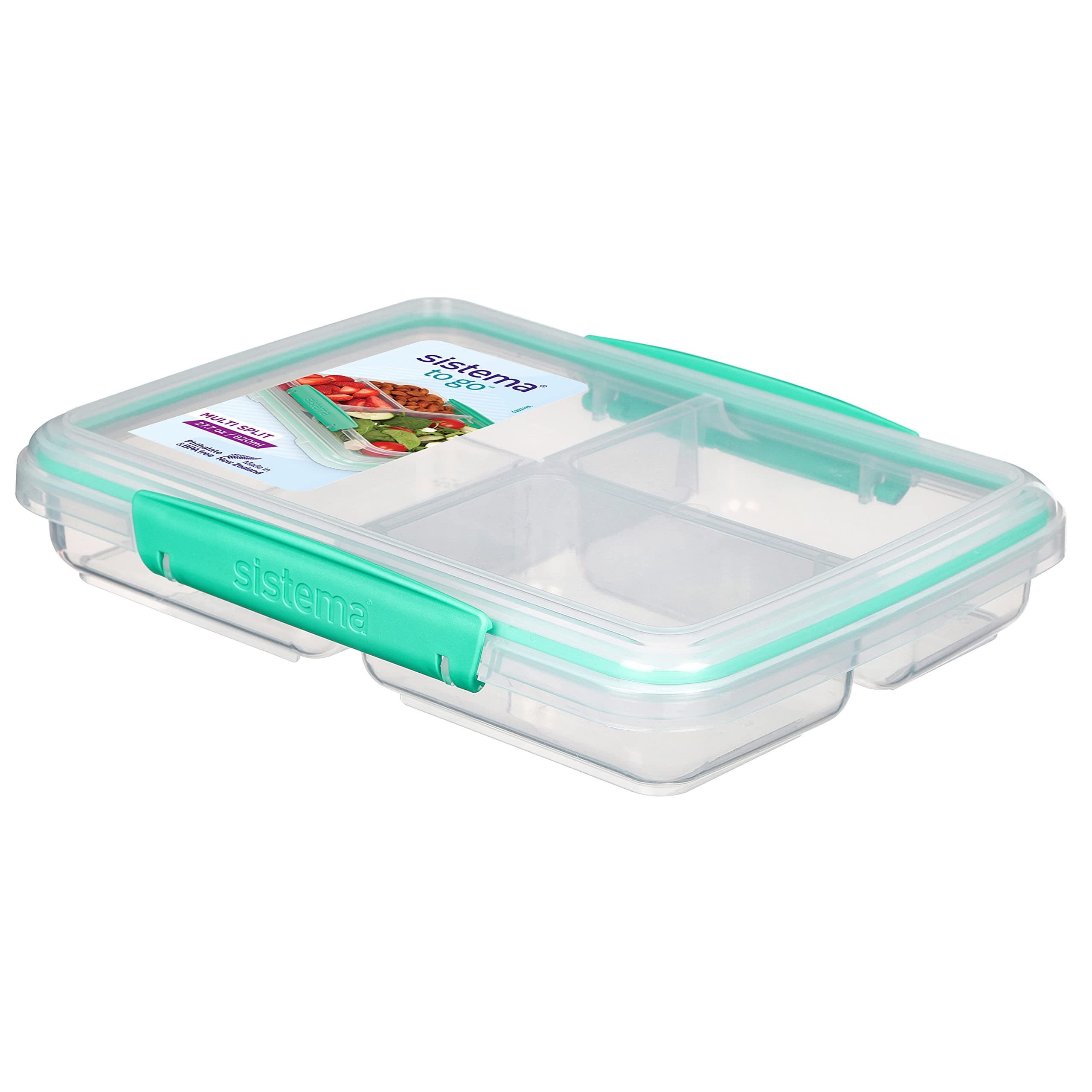 TO GO Multi Split Meal & Food Container with Dividers & Clips | 820ml | BPA-Free | 1 Food Storage Container, Clear/Green