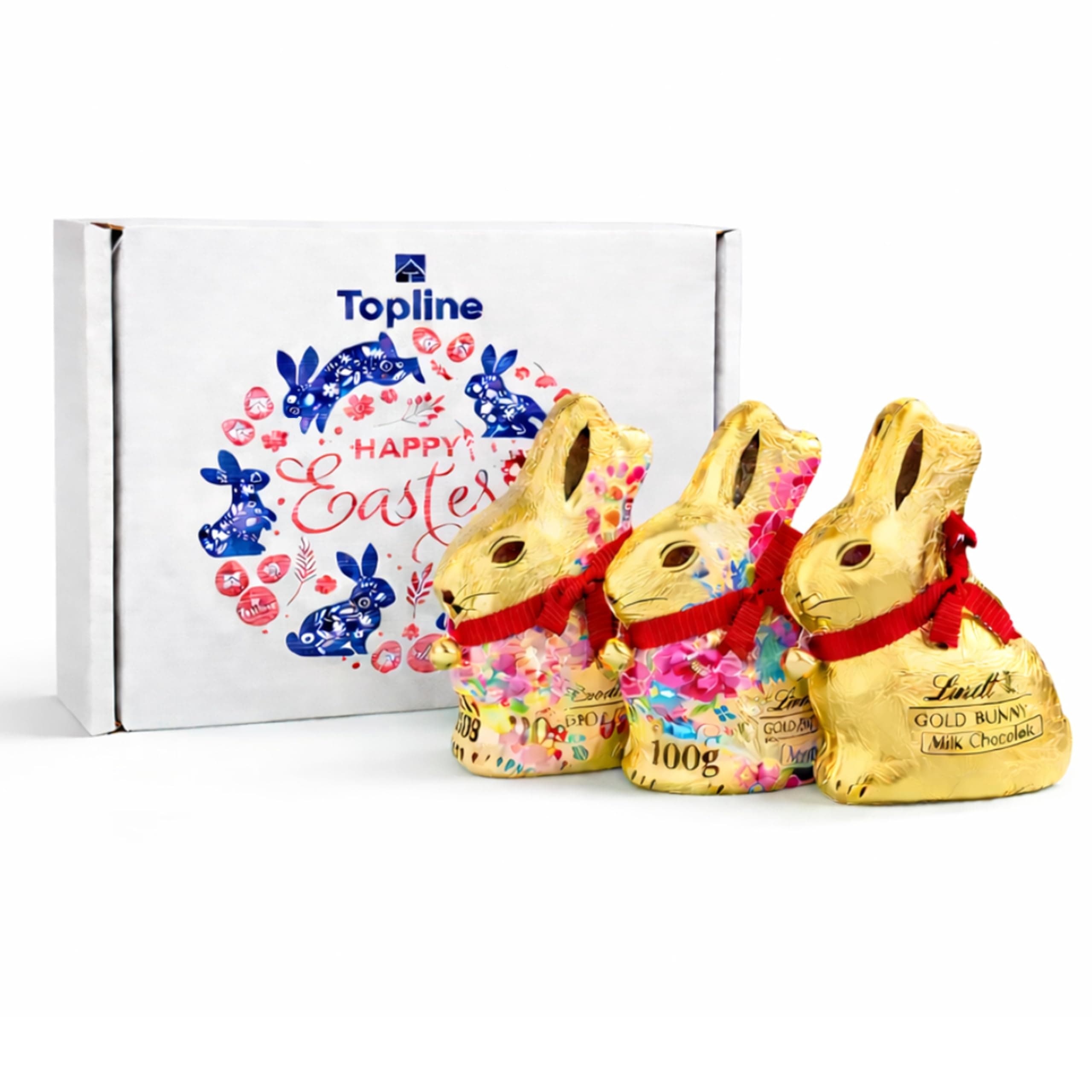 Lindt Chocolates Easter Bunny Hamper Gift - Pack of 3 x 100g Milk Chocolate Bunny Wrapped in Gold & Floral Foil. Great Chocolate Gift for Easter Gifts, Egg Hunt for Kids.