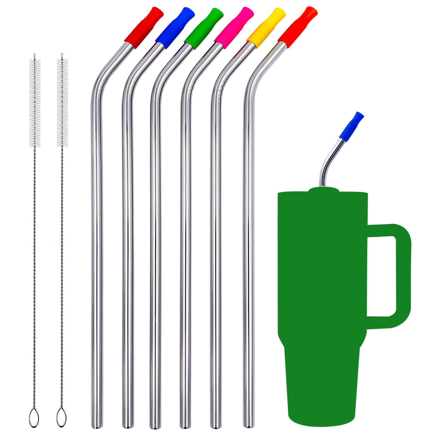 Wobye 6 Pack Replacement Straws for Stanley Cup 30 40 oz, 13 Inch Extra Long Reusable Stainless Steel Metal Straw with Silicone Tips and Cleaning Brush, Fit for 22 32 64 oz Tumbler
