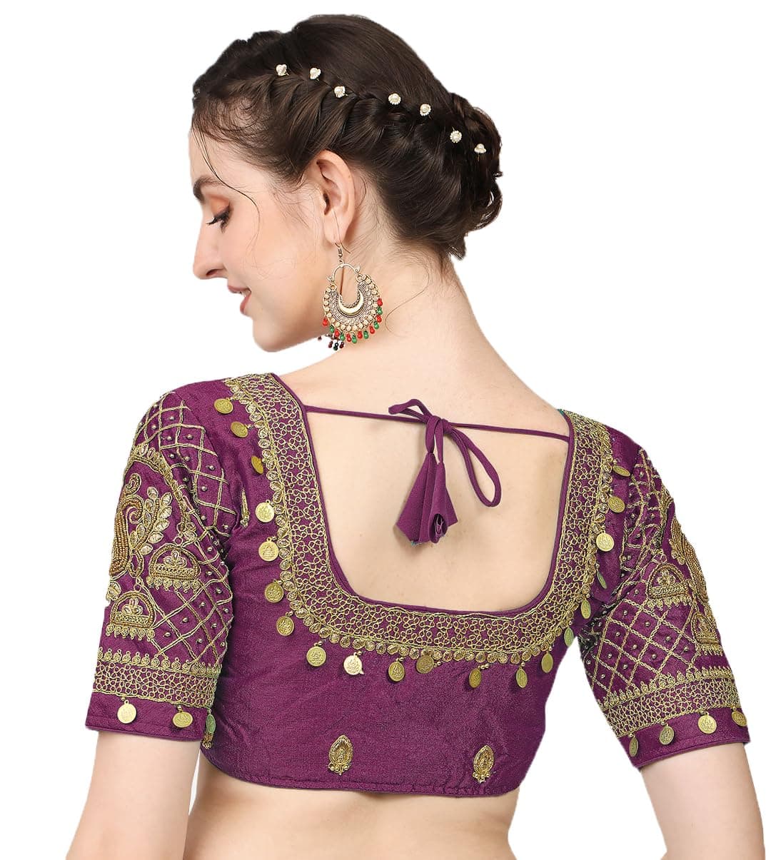 Pujia Mills Stylish Half Sleeve Blouse - Readymade Maggam Work Saree Blouse in Wine and Purple - Pattu Aari Work Design for Wedding