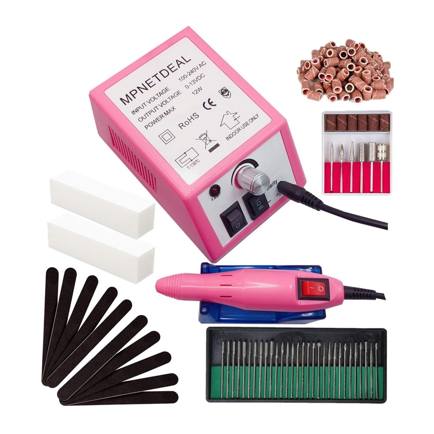 MPNETDEAL Electric Nail Drills Machine e File buffers Sanding Bands Bits for Acrylic Nails Gel Polish Glazing Art Set Polisher Grinder Filer Manicure Pedicure Kit máquina uñas acrilicas Pink