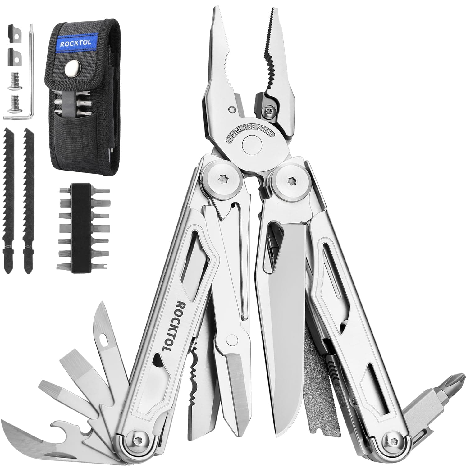 Multitool, 29-in-1 Multitool Pliers with Replaceable Wire Cutters and Saw, Heavy-duty Stainless Steel Multi-tool Set and Nylon Sheath for Camping Survival multi tool for Man