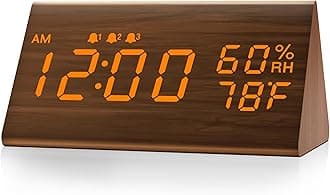 Digital Alarm Clock, with Wooden Electronic LED Time Display, 3 Alarm Settings, Humidity & Temperature Detect, Wood Made Electric Clocks for Bedroom, Bedside (Brown)