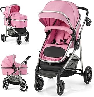 BABY JOY 2 in 1 Convertible Baby Stroller, High Landscape w/Reversible Seat, Removable Footmuff, Adjustable Backrest & Canopy, Foldable Infant Pram Stroller for 0-36 Months Babies, Pink
