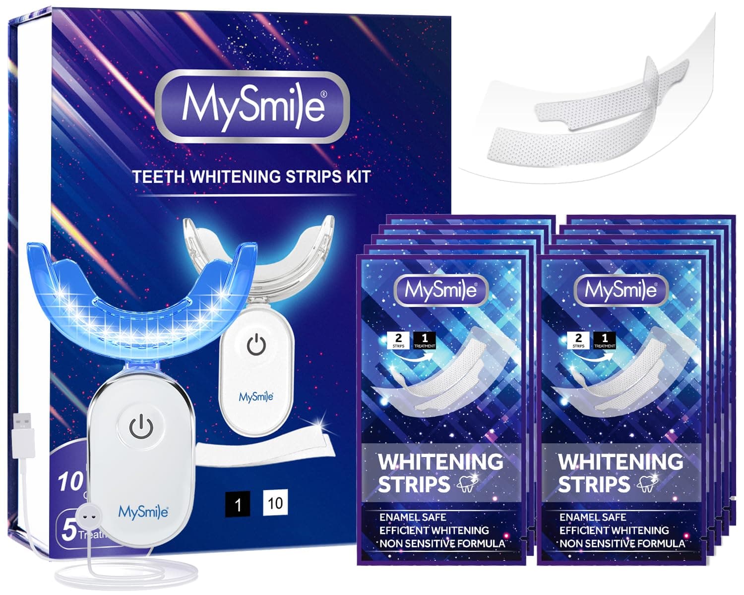 MySmile Non-Sensitive 10 Treatment Whitening Strips Kit with LED Light Tray 10 Min Fast Remove Coffee Wine Tobacco 20 Years of Stains Whitening Tooth Care Oral Safe for Enamel